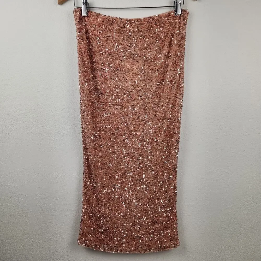 Retrofete Lowe Sequin Beaded Skirt in Dusty Peach Midi Size Small - Picture 6 of 9